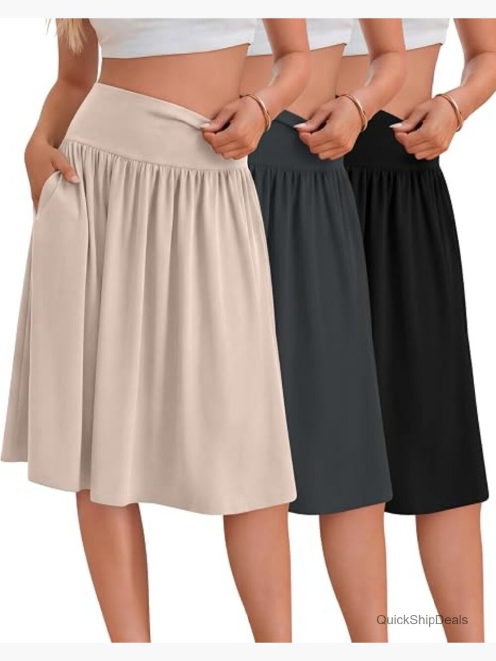 3 Pack Knee Length High Waisted Flared Midi Skirts with Pockets